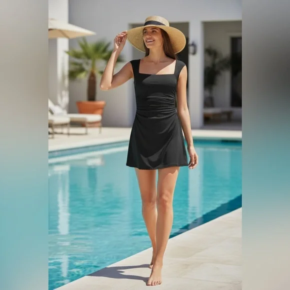 Lands end Square Neck Ruched Swim Dress Swimsuit Black - Picture 2 of 8